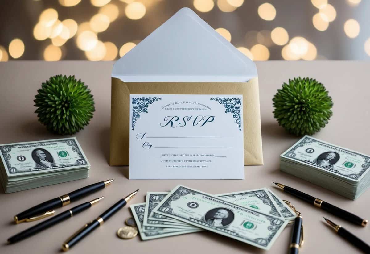 A beautifully decorated wedding invitation with a blank RSVP card and envelope, surrounded by elegant calligraphy pens and a stack of cash