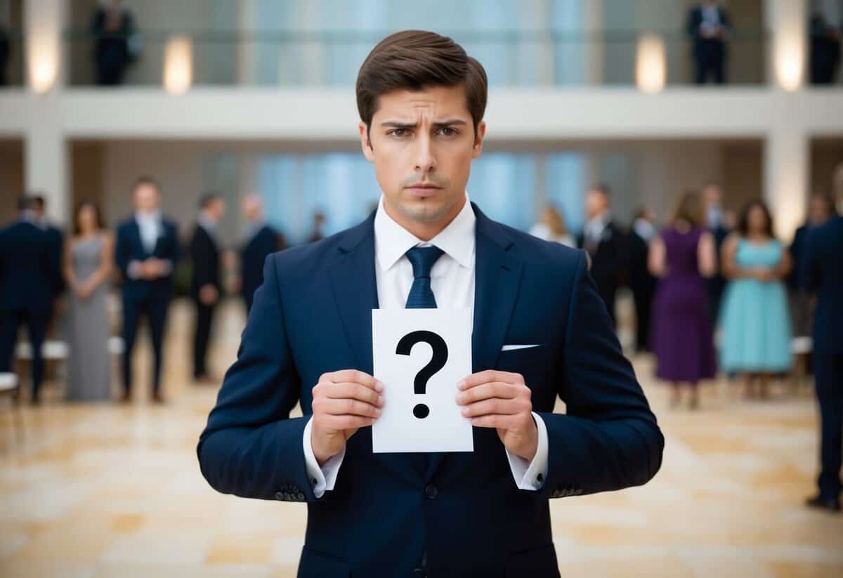 A person standing alone at a formal event, looking uncertain while holding an invitation with a plus one question mark