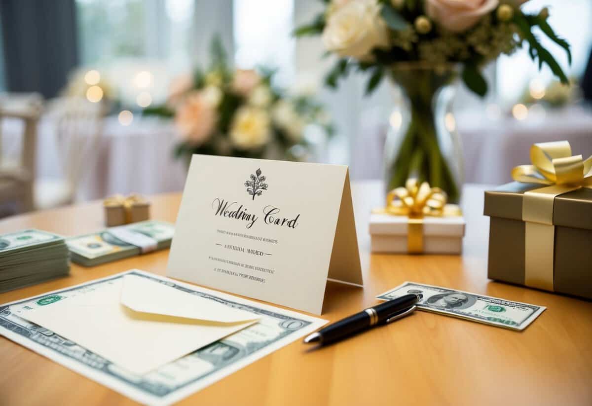 A table with a wedding card, pen, and envelope. A stack of money and a gift box nearby. Flowers and decorations in the background