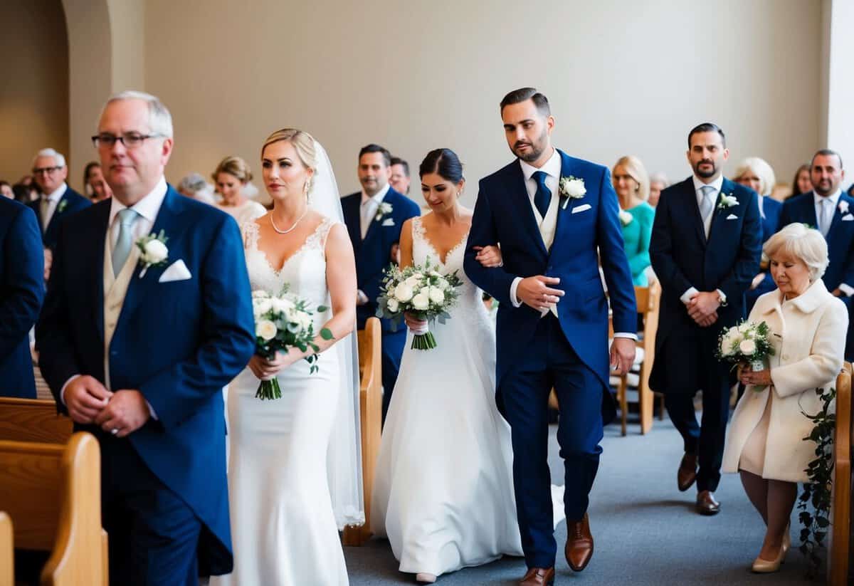 Guests arriving late to a wedding ceremony, disrupting the solemn atmosphere as they quietly take their seats