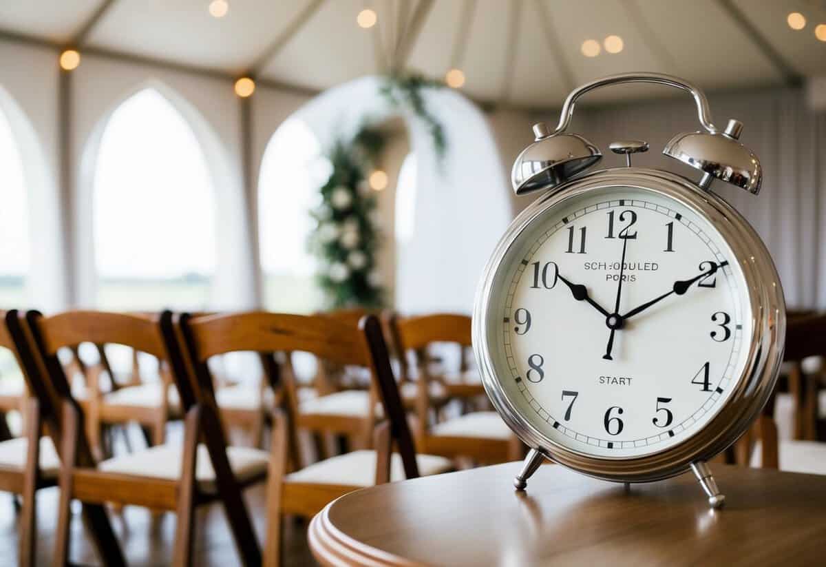 A clock showing the time past the scheduled start, with empty chairs and a wedding arch in the background