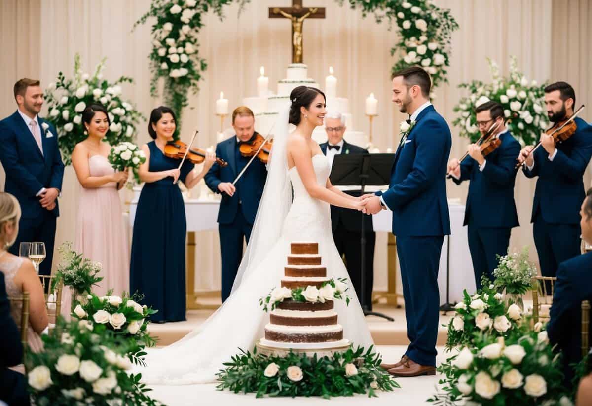 A bride and groom standing at the altar, surrounded by floral arrangements, a tiered wedding cake, and a string quartet playing in the background