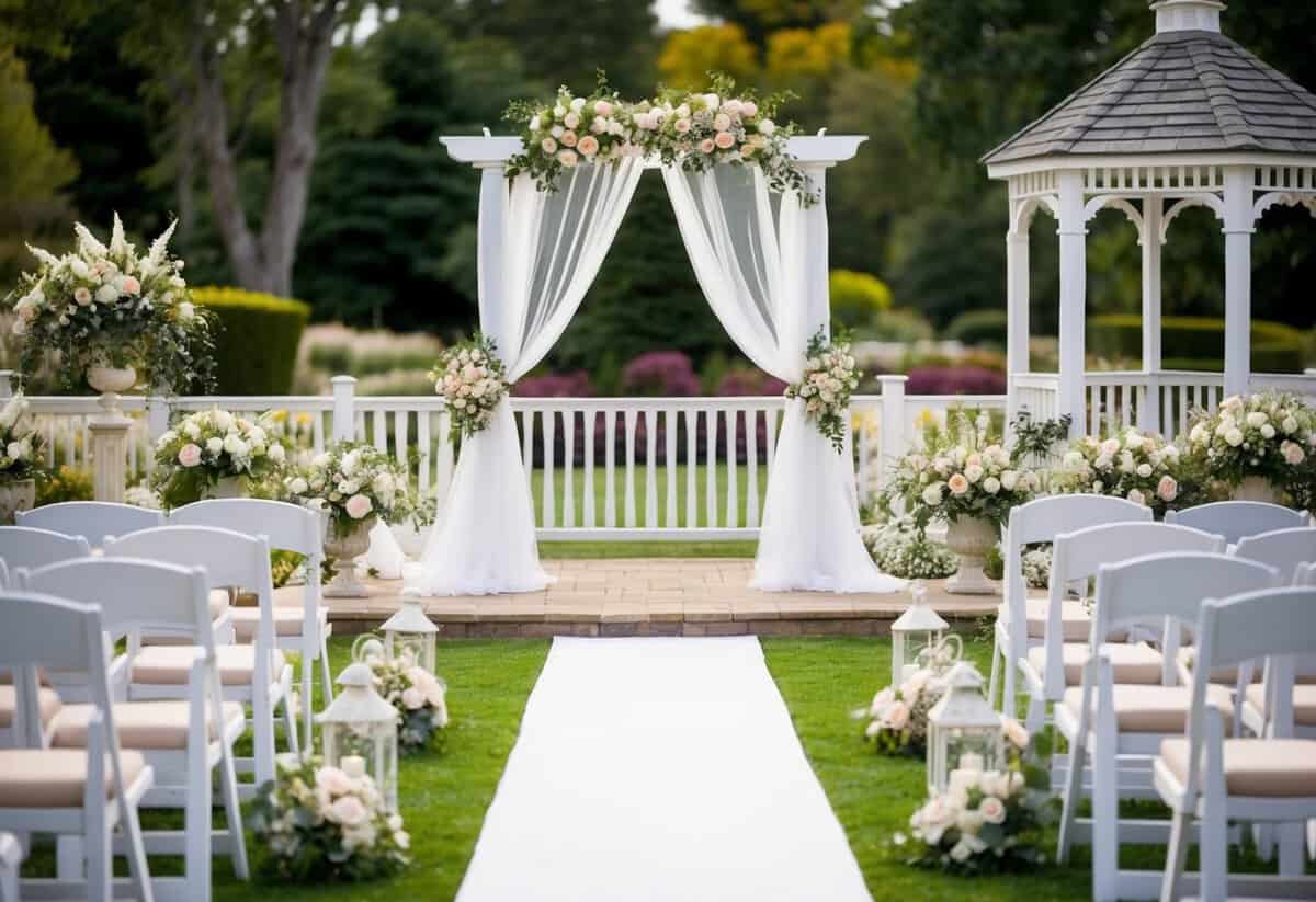 A picturesque wedding venue with floral arrangements, elegant seating, and a charming gazebo. A wedding arch adorned with delicate fabric and flowers stands at the center of the scene