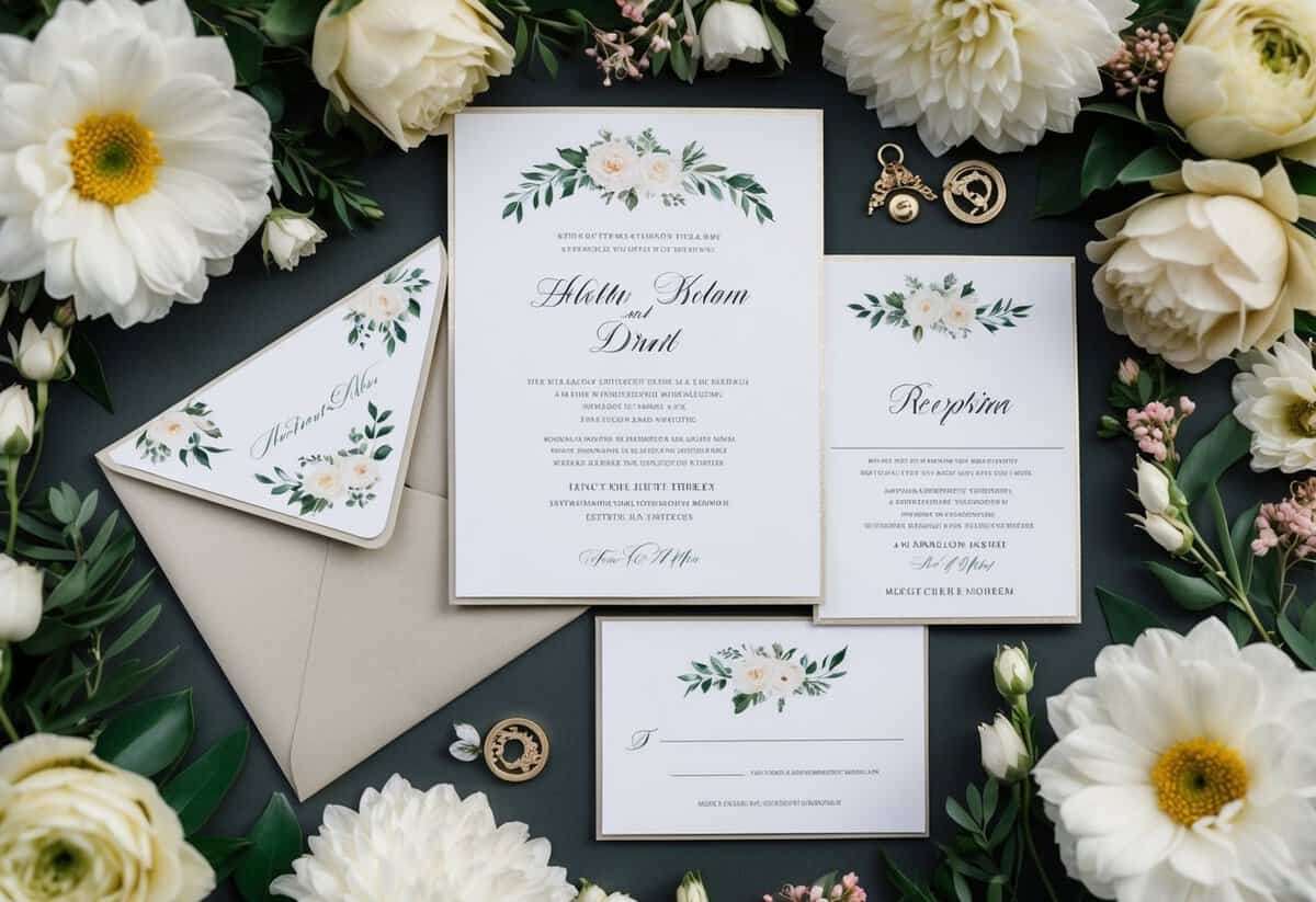 An elegant wedding invitation with a separate reception card, surrounded by floral decorations and an ornate envelope