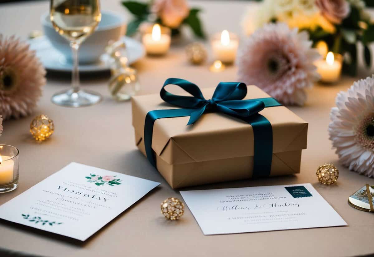 A wrapped gift and a wedding invitation on a table, surrounded by flowers and decorations