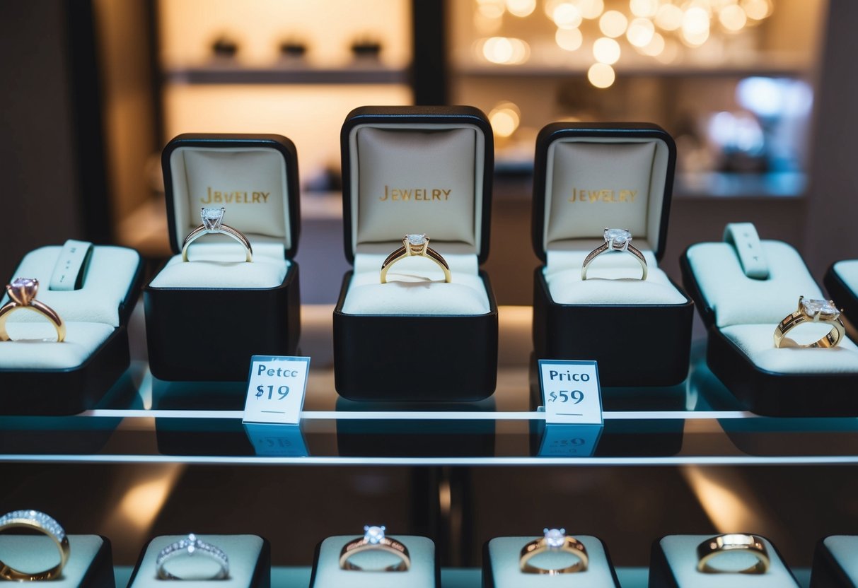 A jewelry store display with various wedding bands and price tags