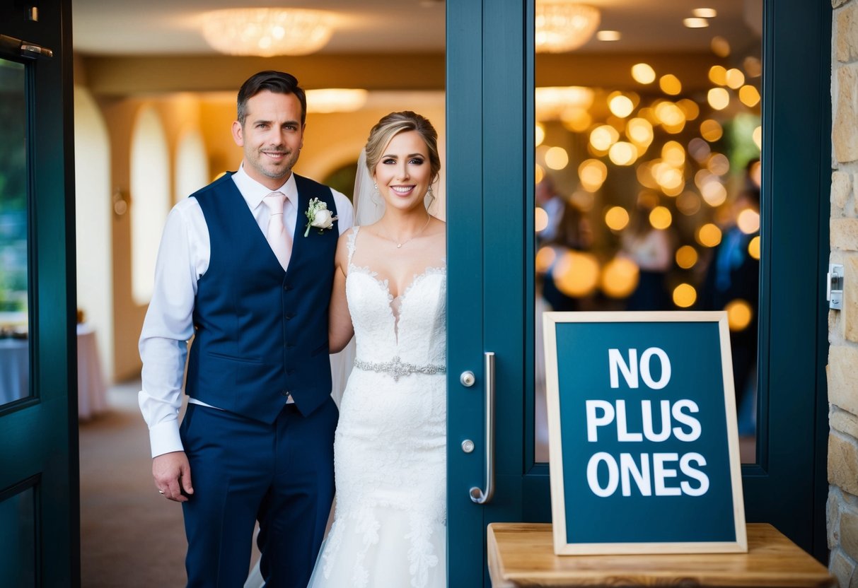 A bride and groom stand at the entrance to their wedding venue, with a sign reading "No Plus Ones" next to the guest book
