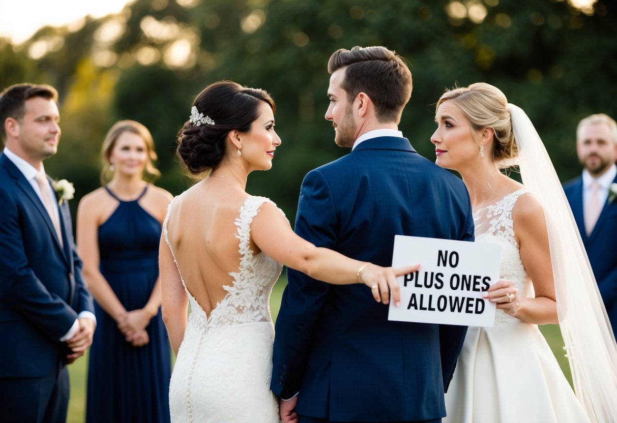 A bride and groom stand together, facing a guest with a plus one. The couple gestures towards a sign stating "No plus ones allowed" with a concerned expression
