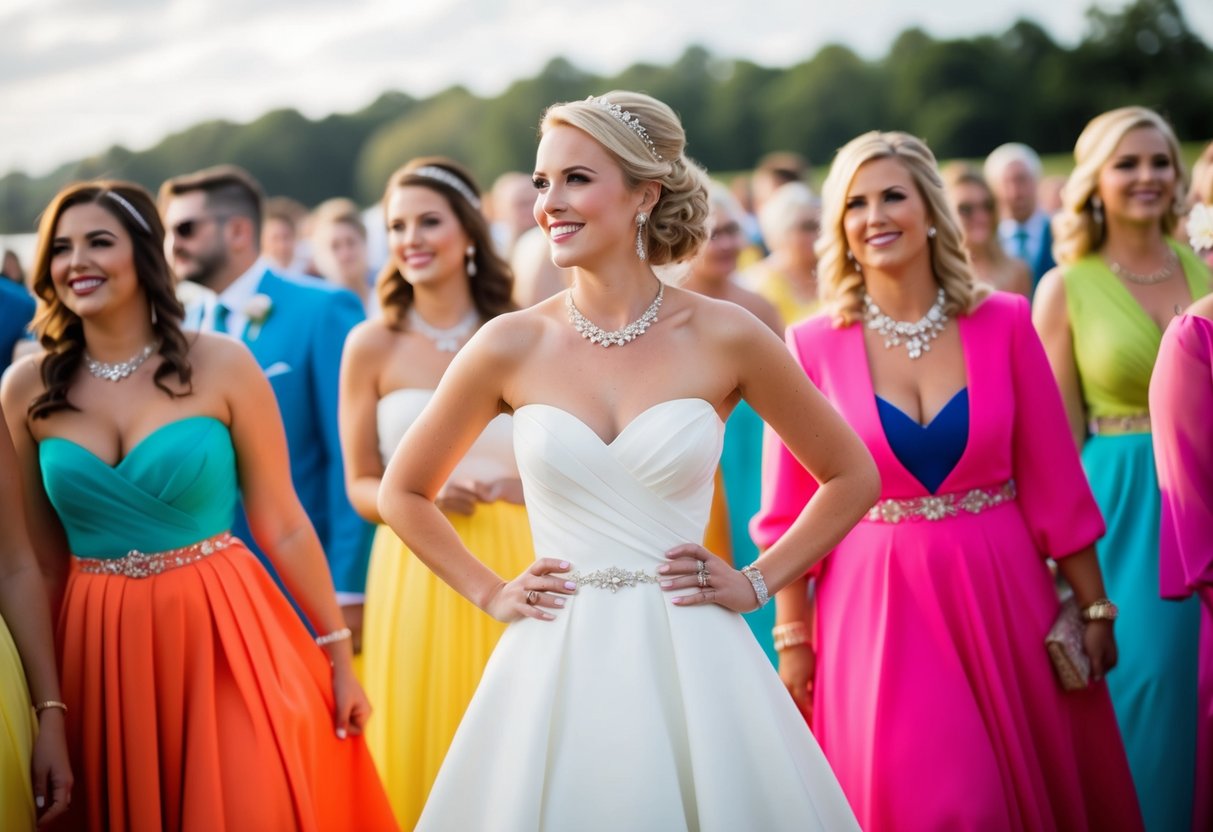 A white dress stands out among a sea of colorful outfits at a wedding
