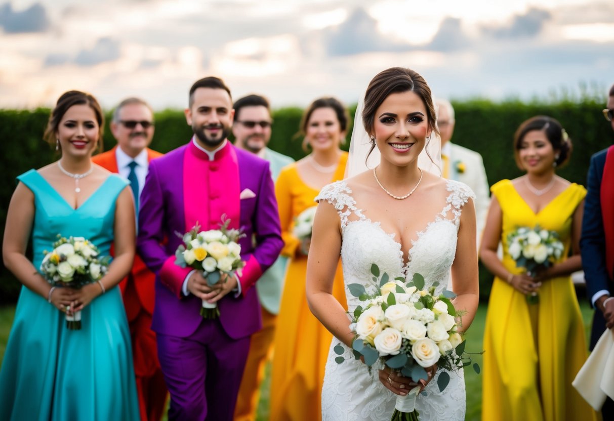 A wedding scene with guests in various colored attire, one wearing a white outfit