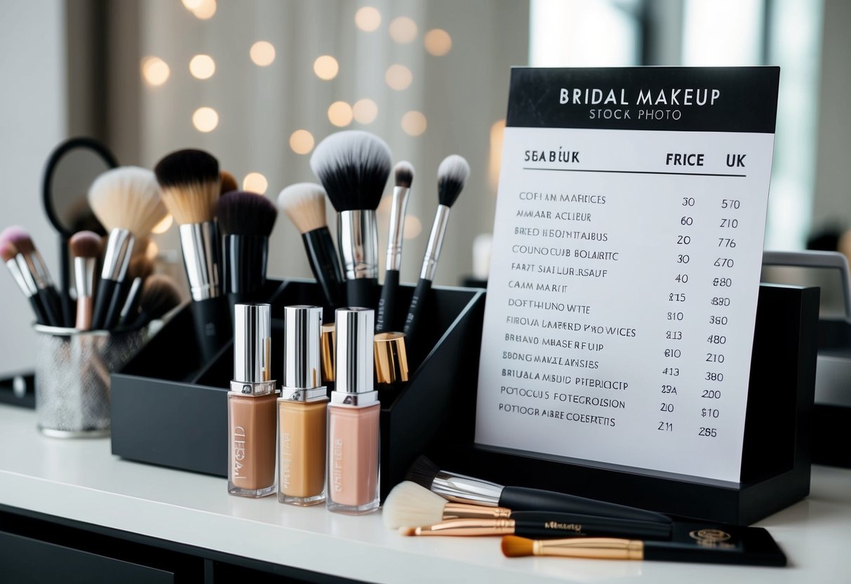 A makeup artist's station with various cosmetics and brushes, alongside a price list for bridal makeup services in the UK
