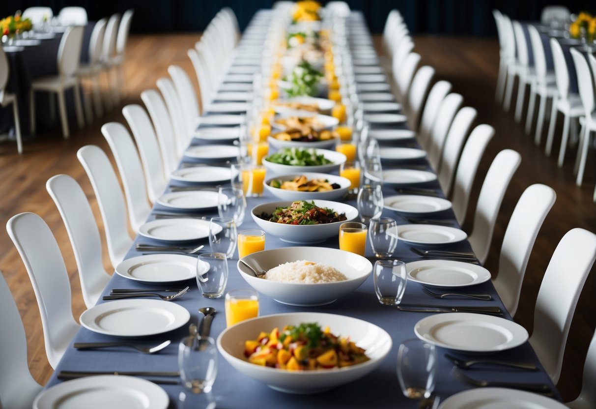 A long table set with plates, utensils, and an assortment of food, surrounded by 40 empty chairs