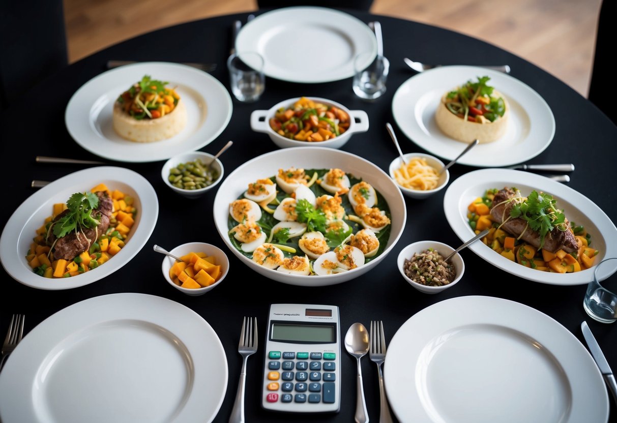 A table with 40 place settings, surrounded by various food items in serving dishes, with a calculator and pen nearby