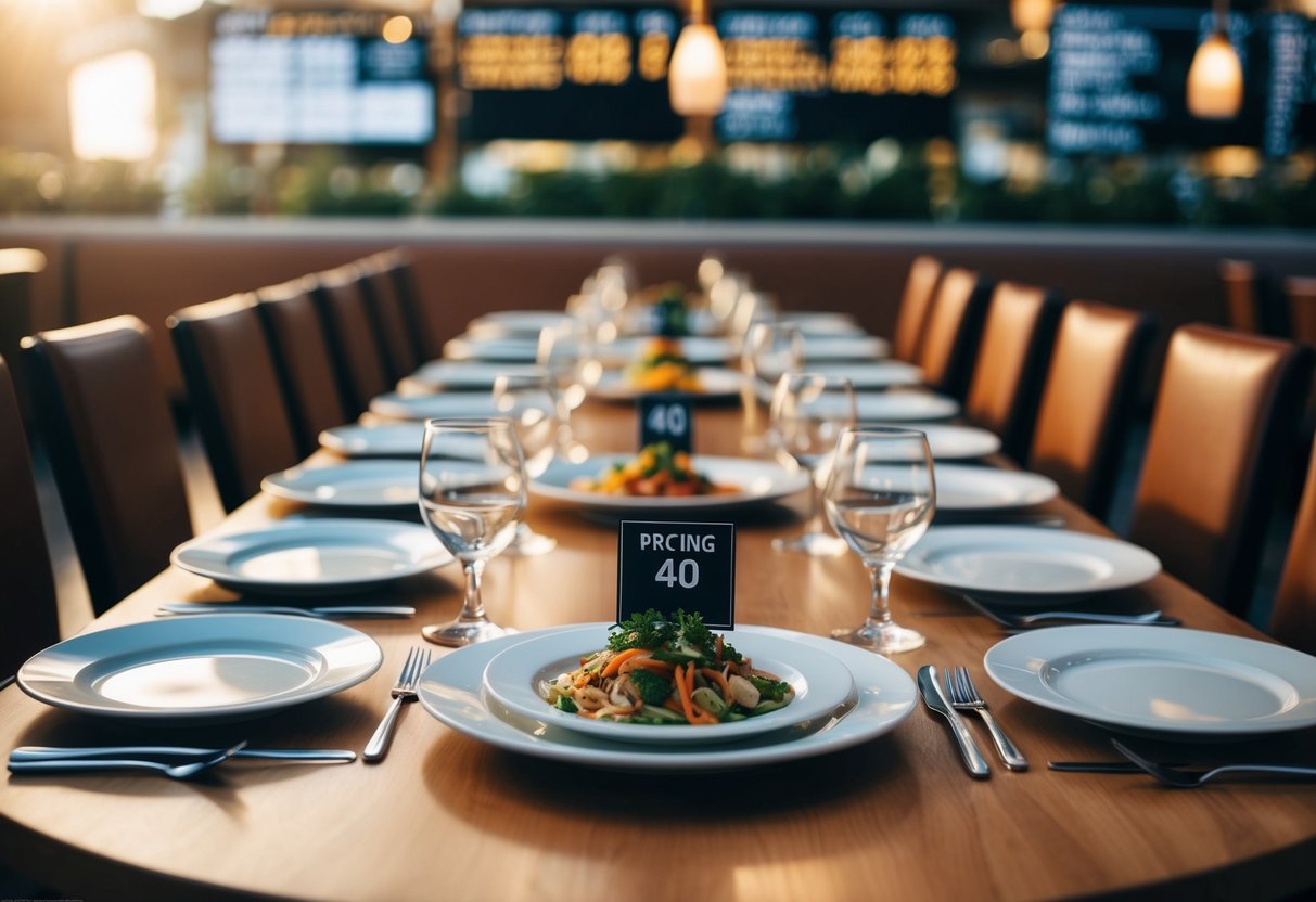 A table set with plates, cutlery, and various food options for 40 people, with pricing displayed nearby