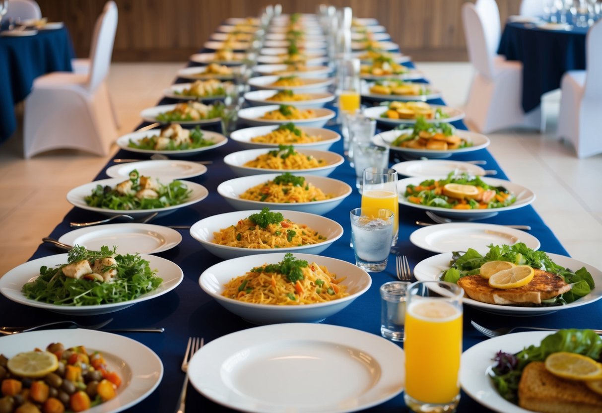 A long table set with plates, cutlery, and food for 40 people. Bowls of salad, trays of entrees, and pitchers of drinks are arranged neatly
