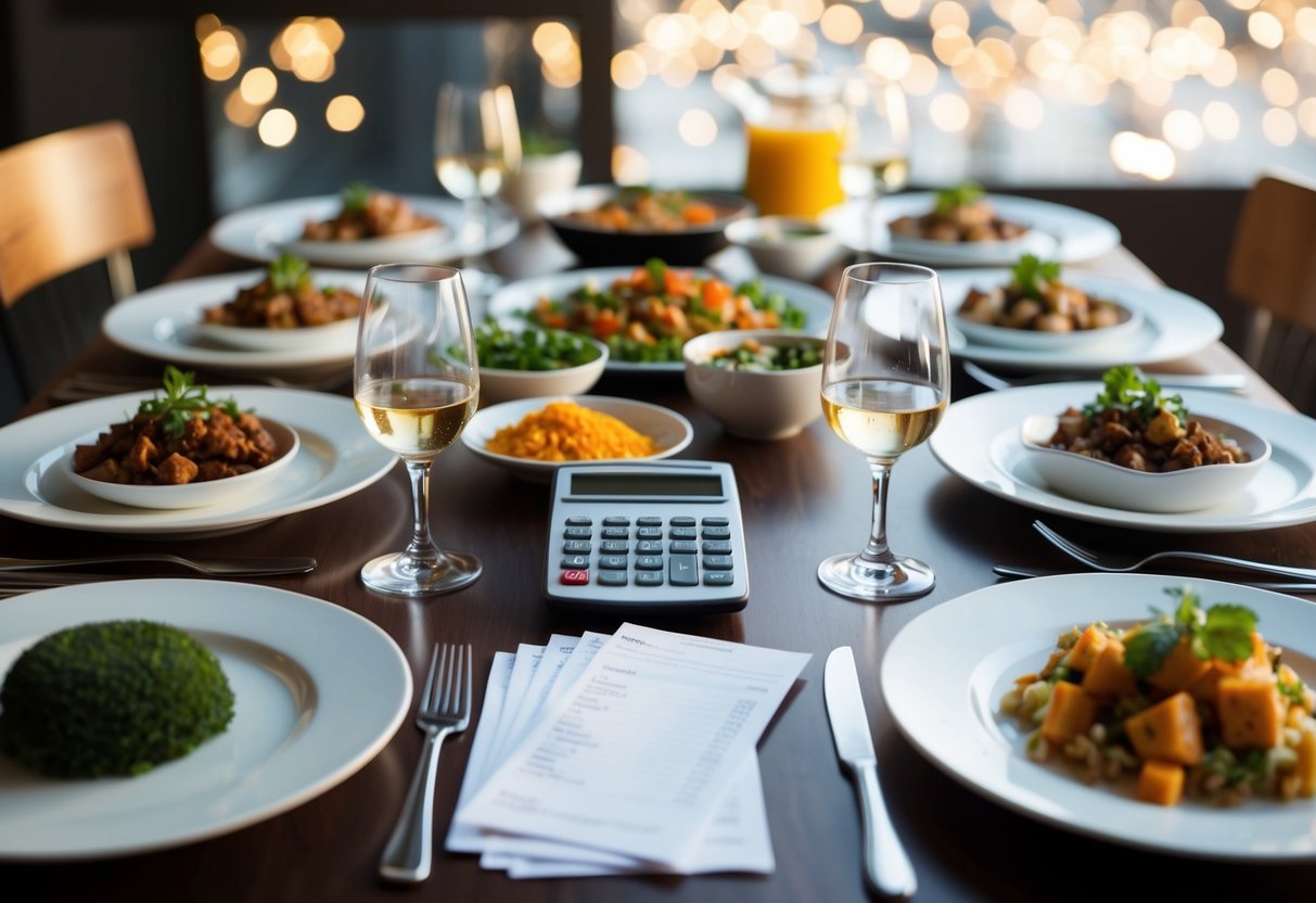 A table set with plates, cutlery, and food for 40 people, with various dishes and ingredients displayed, along with a calculator and receipts for cost calculations