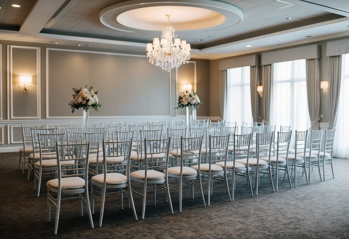Empty wedding venue with unoccupied chairs and decorations