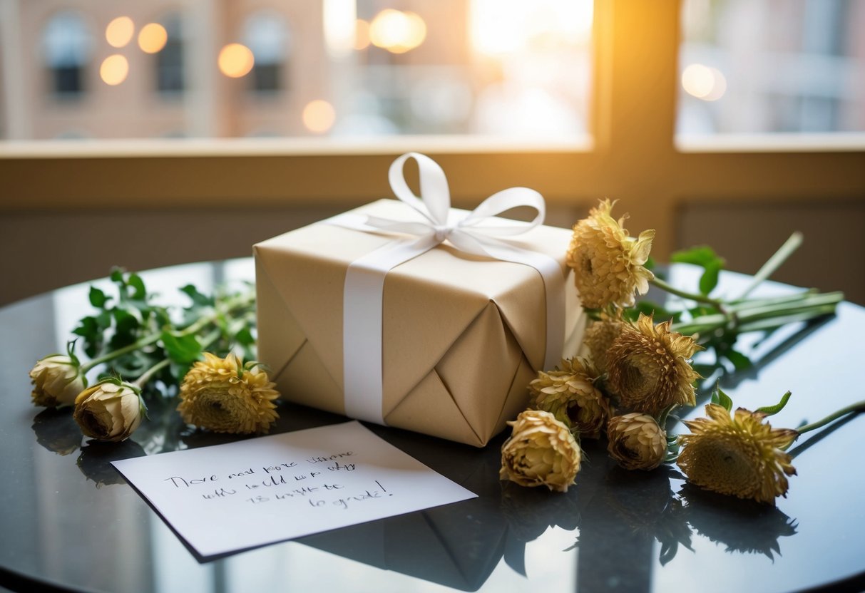 A neatly wrapped wedding gift left abandoned on a table, surrounded by wilted flowers and a note expressing regrets