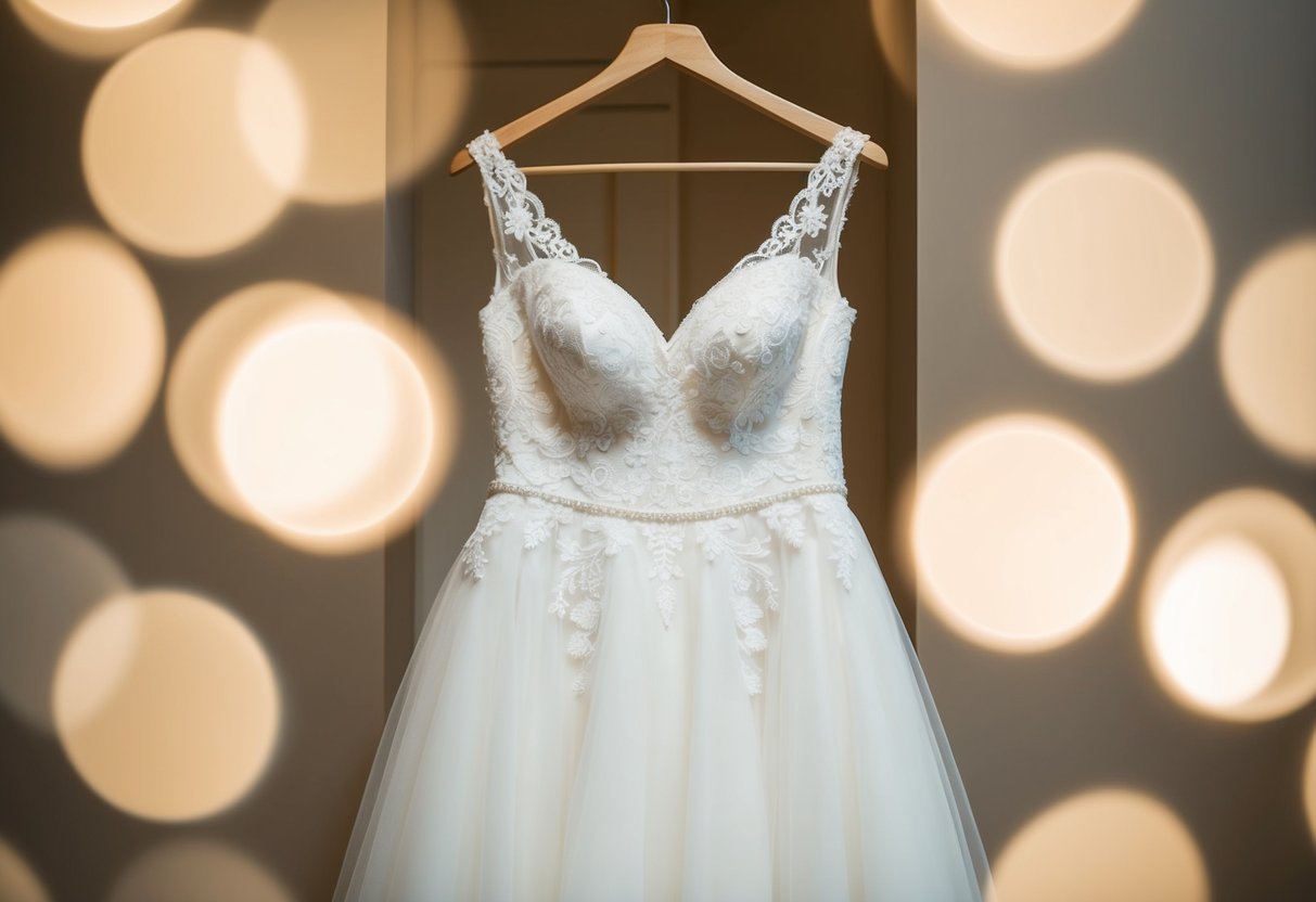 A wedding dress hung on a hanger, surrounded by soft lighting and delicate lace details