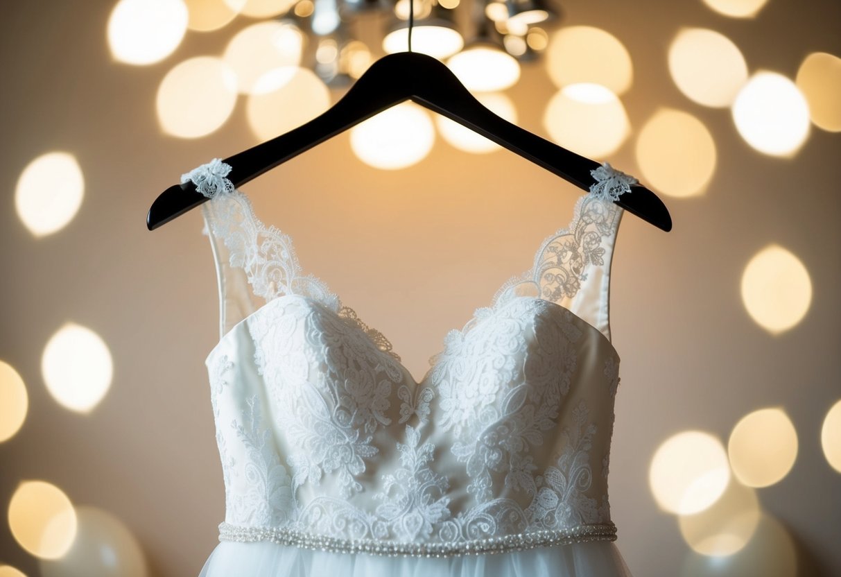 A wedding dress hanging on a hanger, surrounded by soft lighting and delicate lace details