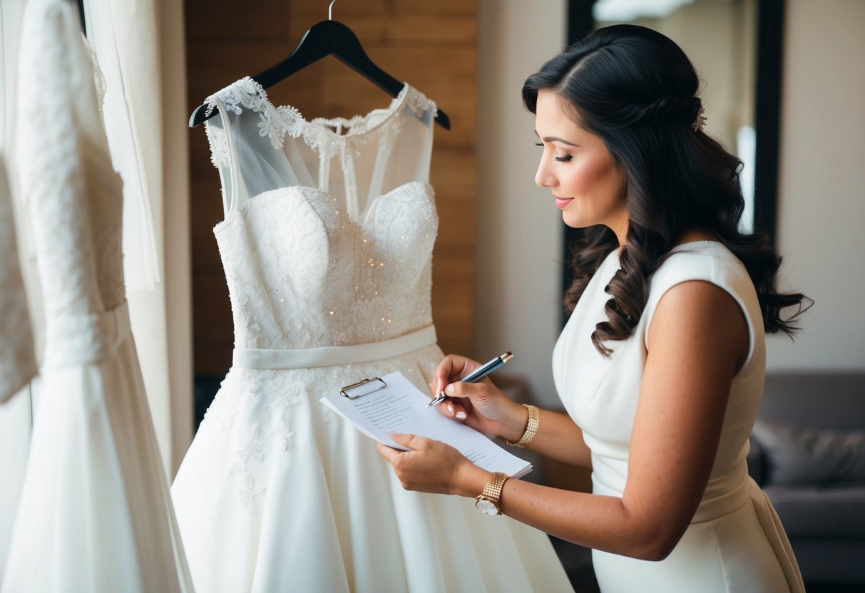 A woman carefully examines a wedding dress, comparing it to different online selling platforms. She holds a pen and paper, jotting down notes
