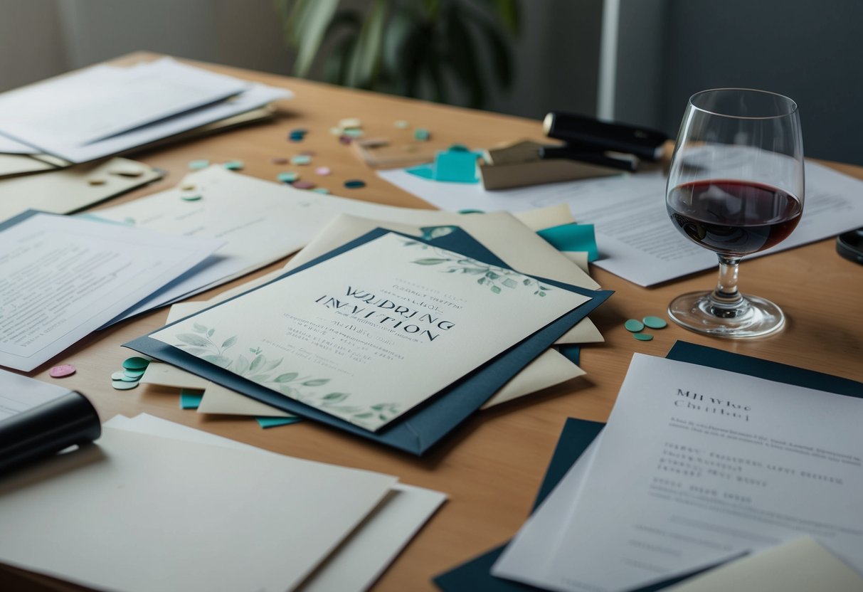 A disheveled wedding invitation lies abandoned on a cluttered desk, surrounded by scattered papers and a half-empty glass of wine