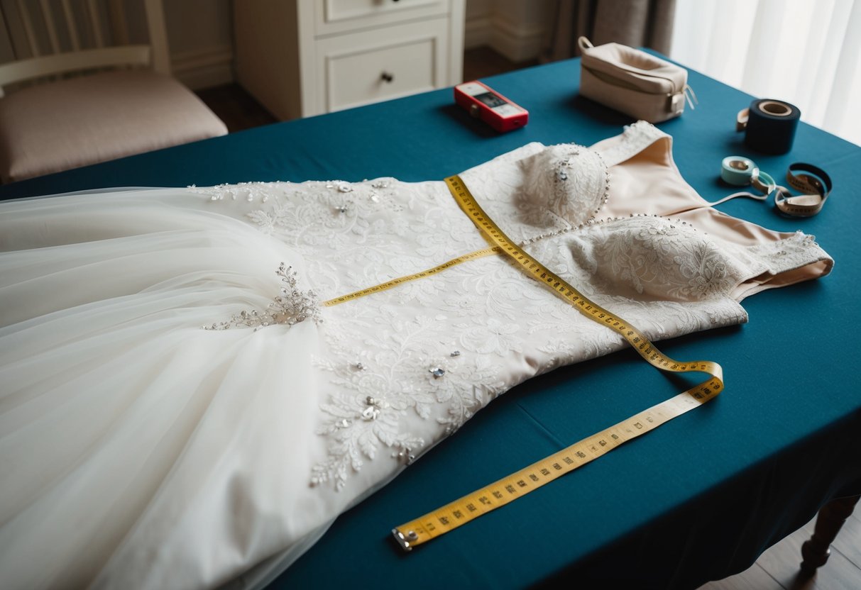 A wedding dress laid out on a table with a measuring tape and sewing supplies nearby