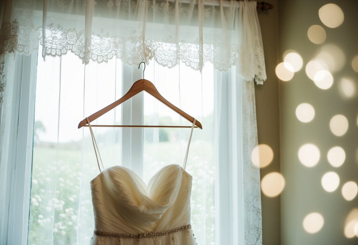 A wedding dress hanging on a vintage wooden hanger, surrounded by soft natural light filtering through lace curtains