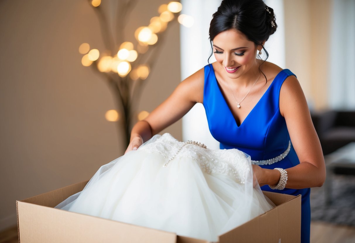 A woman carefully packages her wedding dress and places it in a box, ready to be shipped to its new owner