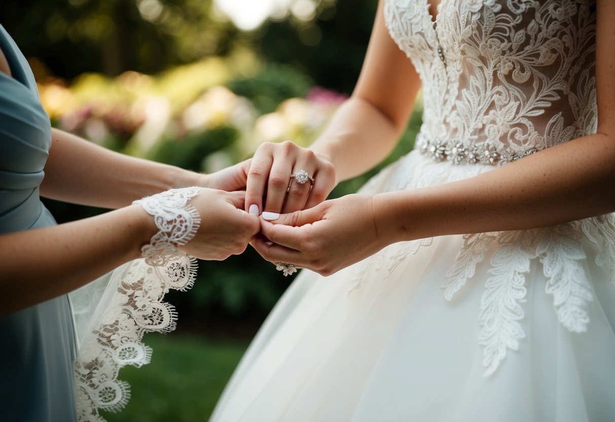 A bride's hand, adorned with an engagement ring, reaches out to adjust the delicate lace of her wedding gown
