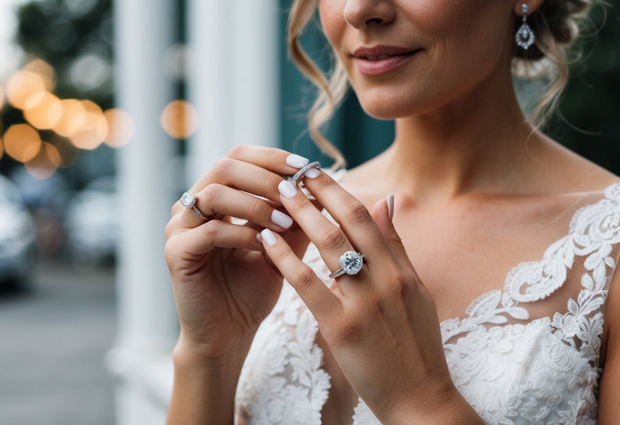 A bride's hand holding both a wedding band and an engagement ring, with a thoughtful expression