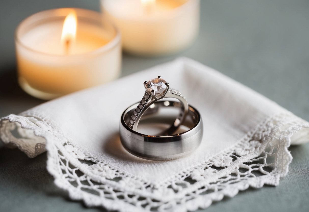 A bride's engagement ring and wedding band lay side by side on a delicate lace handkerchief, surrounded by soft candlelight