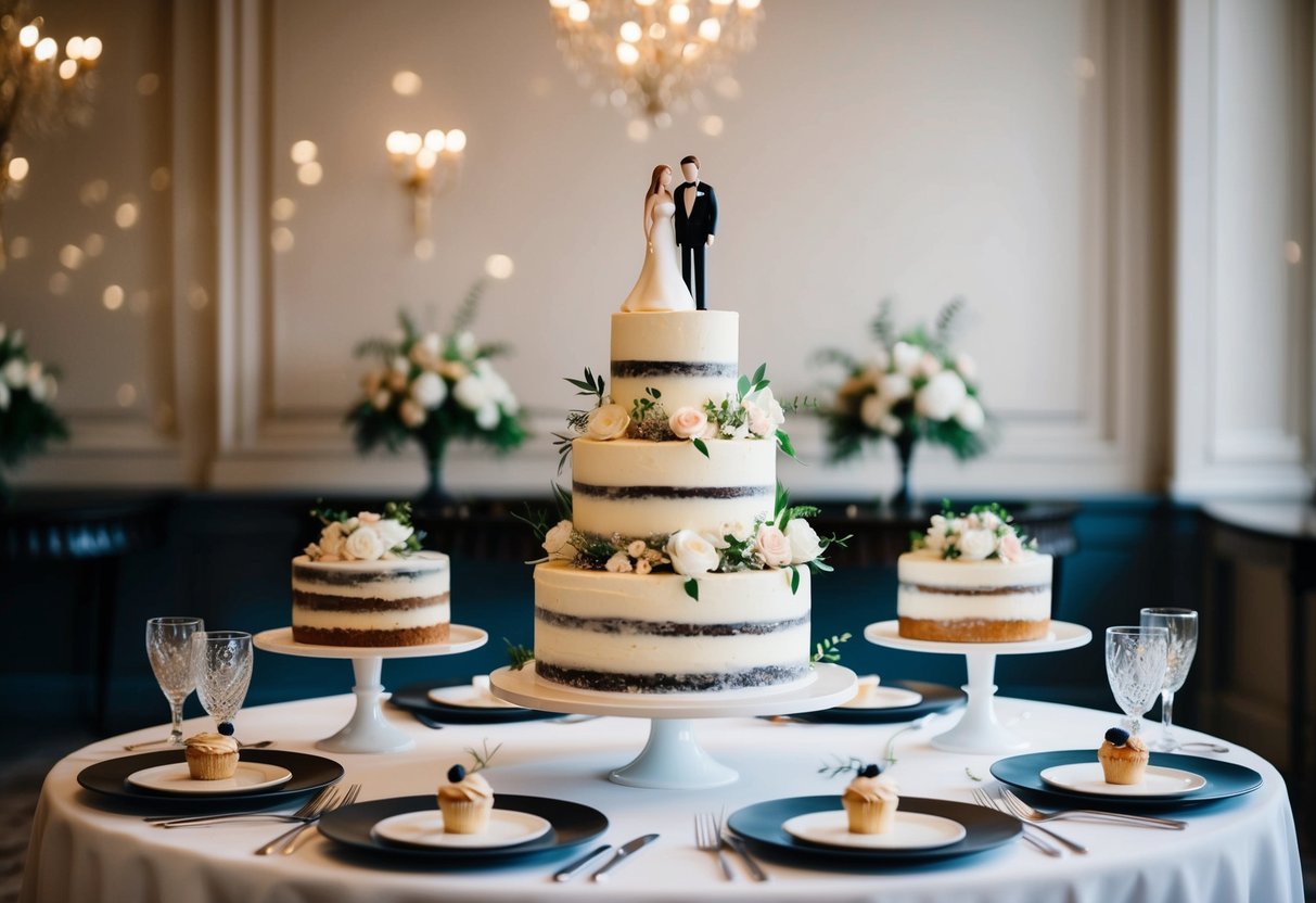 A tiered wedding cake with floral decorations sits on a table, surrounded by elegant cake stands and dessert plates. A bride and groom cake topper adds a finishing touch