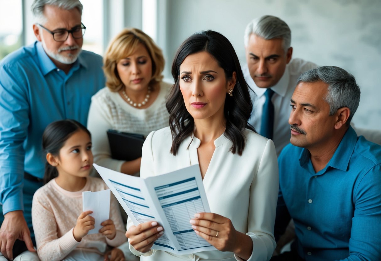 A woman surrounded by family members, holding a wedding budget and looking concerned