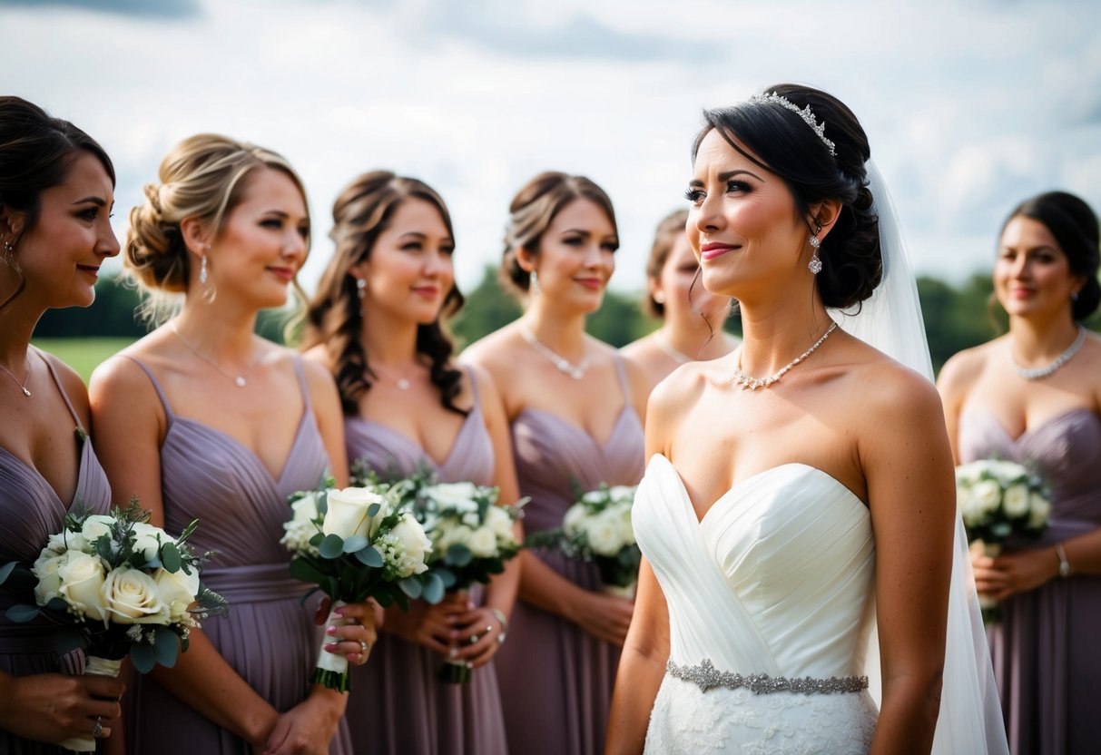 A woman in a formal dress stands apart from the bridesmaids, watching the wedding ceremony with a bittersweet expression