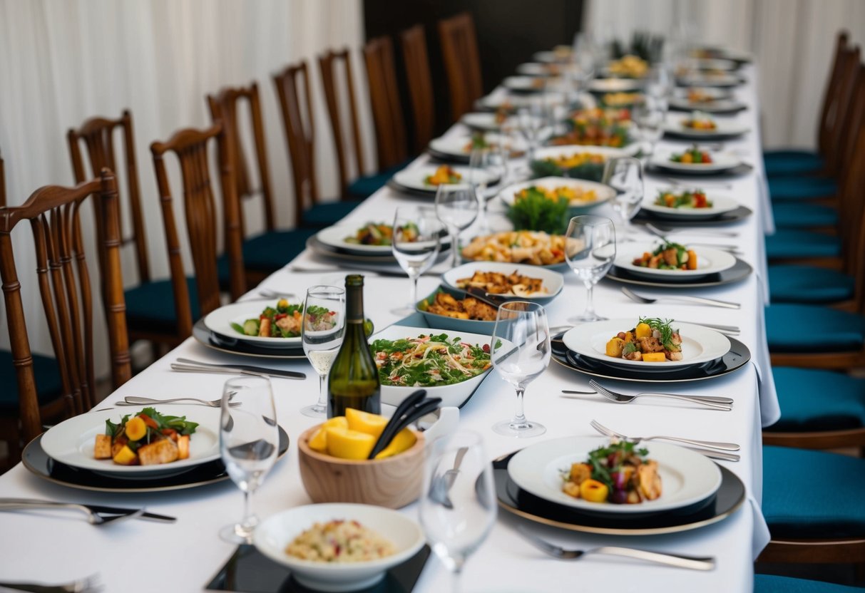 A long table set with plates, cutlery, and glasses, filled with an assortment of dishes and platters to accommodate 50 guests