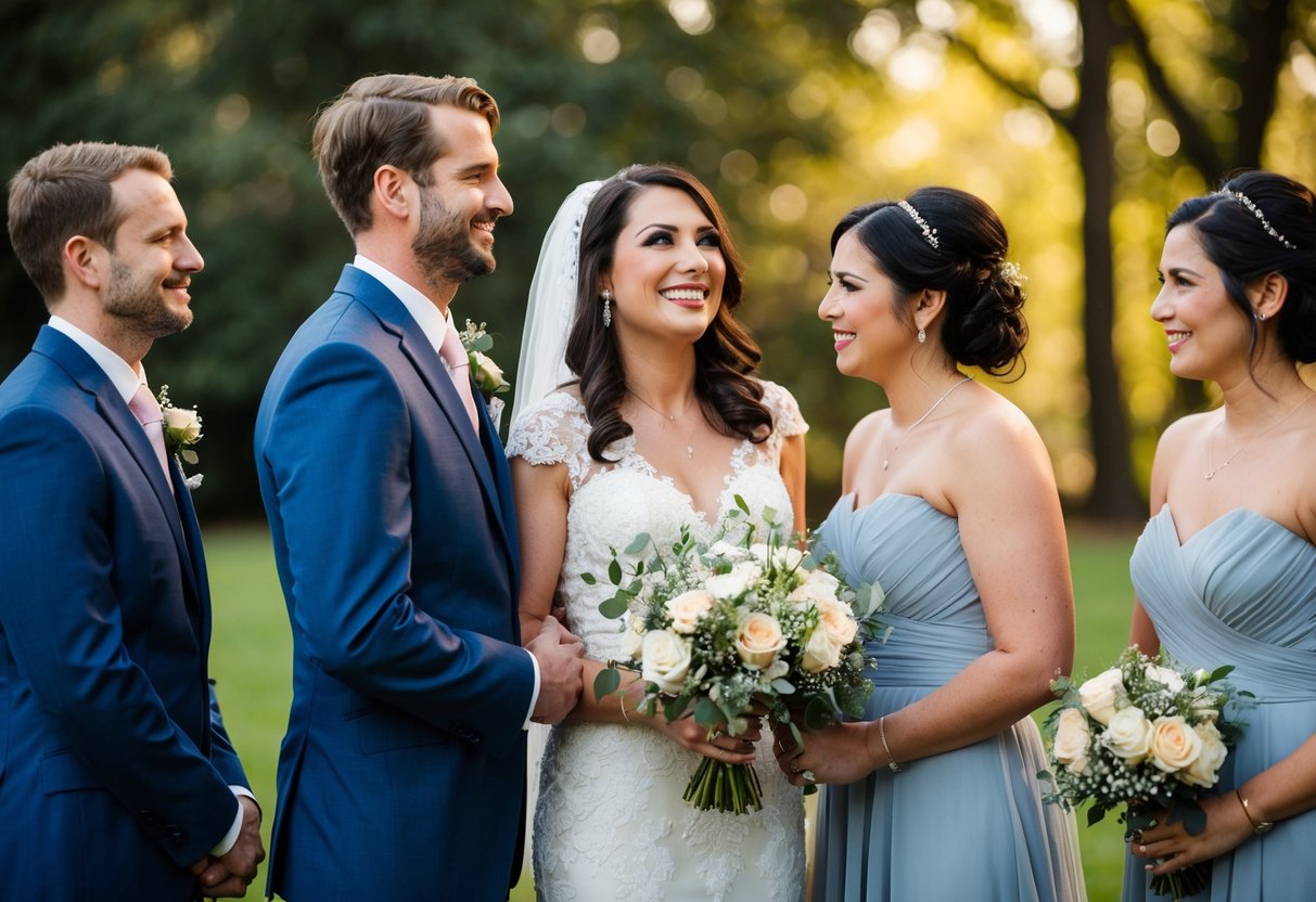 A woman stands beside the groom, distinct from the bridesmaids. She exudes warmth and support, symbolizing the unique role of the groom's sister in the wedding