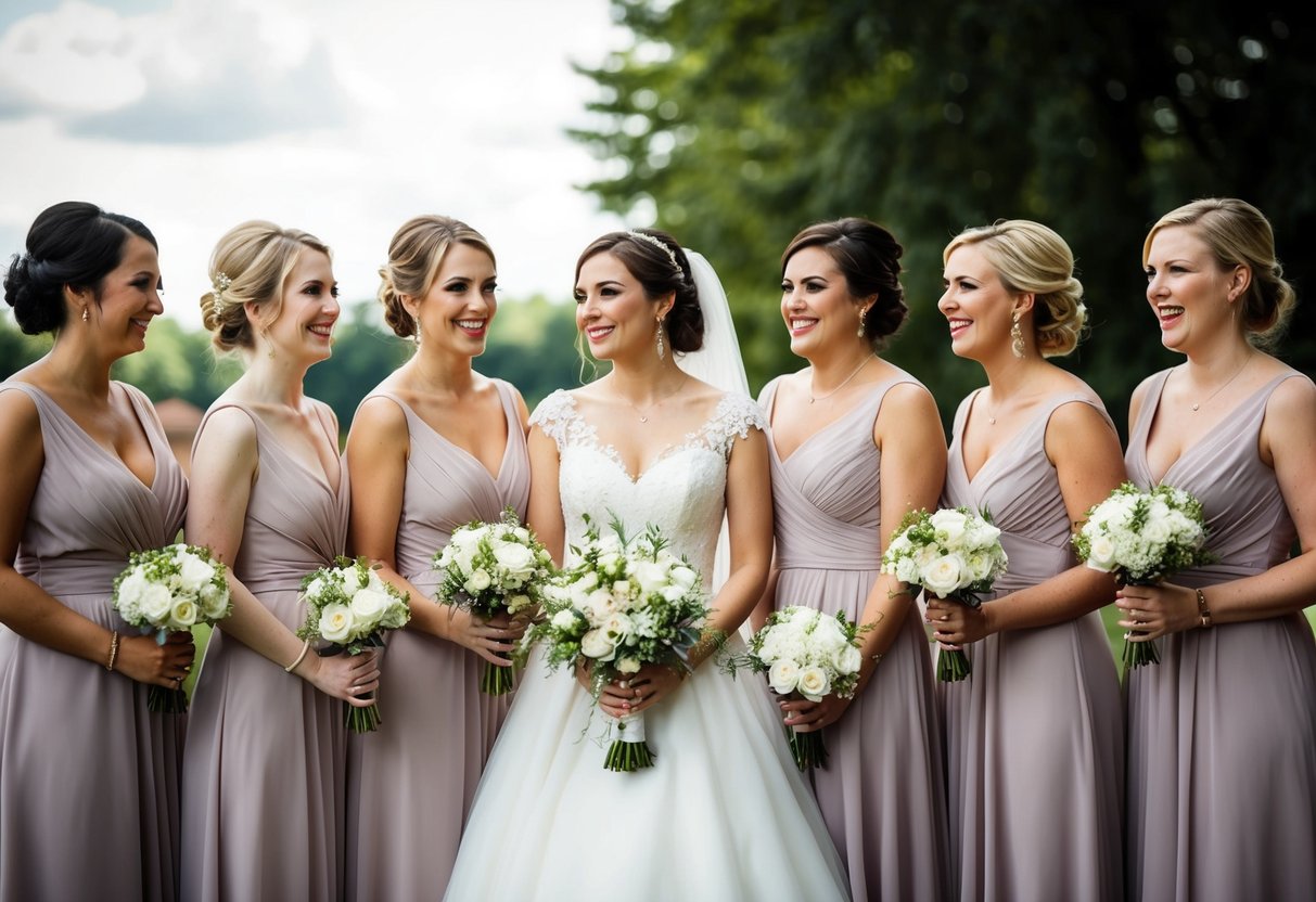 The bride's sister stands apart from the bridesmaids, with a different dress and a distinct role in the wedding party