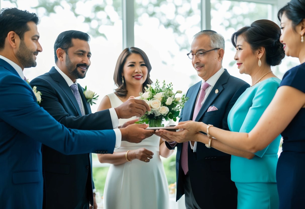 The groom's family offers a financial contribution, while the woman's family discusses their role in financing the wedding