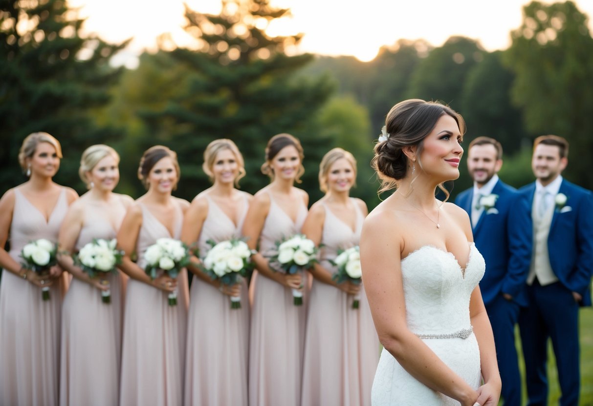 A woman stands apart from the bridesmaids, looking on with a mix of pride and longing as the wedding party poses for photos