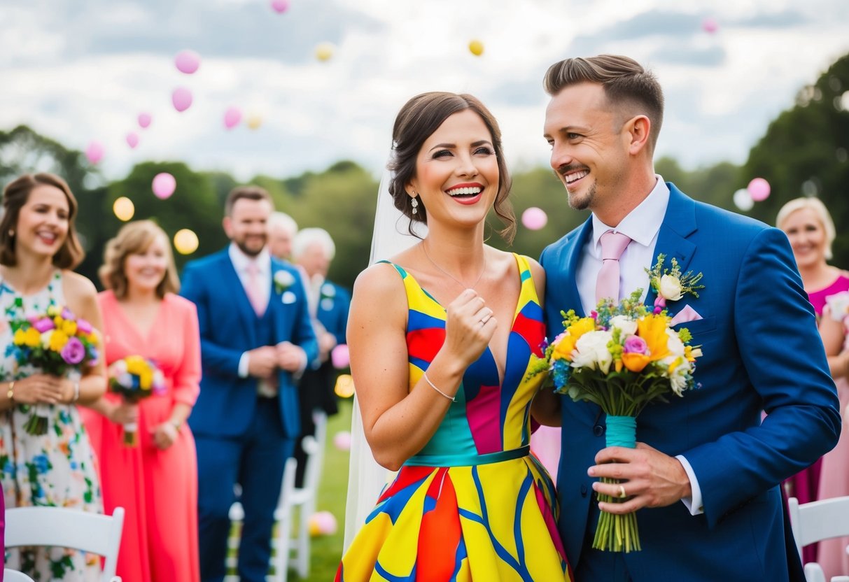 A woman in a colorful dress stands beside the groom, smiling and holding a bouquet. The scene is filled with joyful energy and celebration