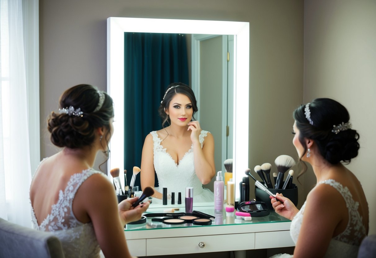 A bride sits in front of a vanity mirror, surrounded by makeup and hair styling tools. She contemplates whether to start with her hair or her makeup