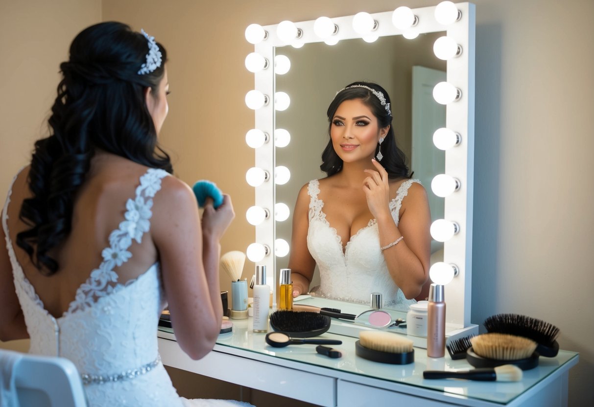 A bride sits in front of a vanity mirror, deciding whether to start with her hair or makeup. Brushes, combs, and beauty products are scattered around her