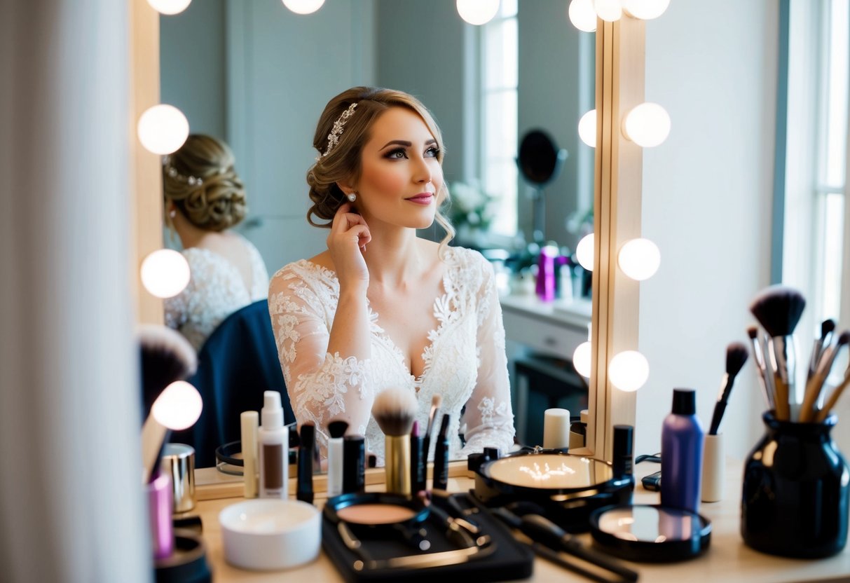 A bride sits in a well-lit room, surrounded by makeup and hair styling tools. A mirror reflects her contemplative expression as she decides whether to start with hair or makeup