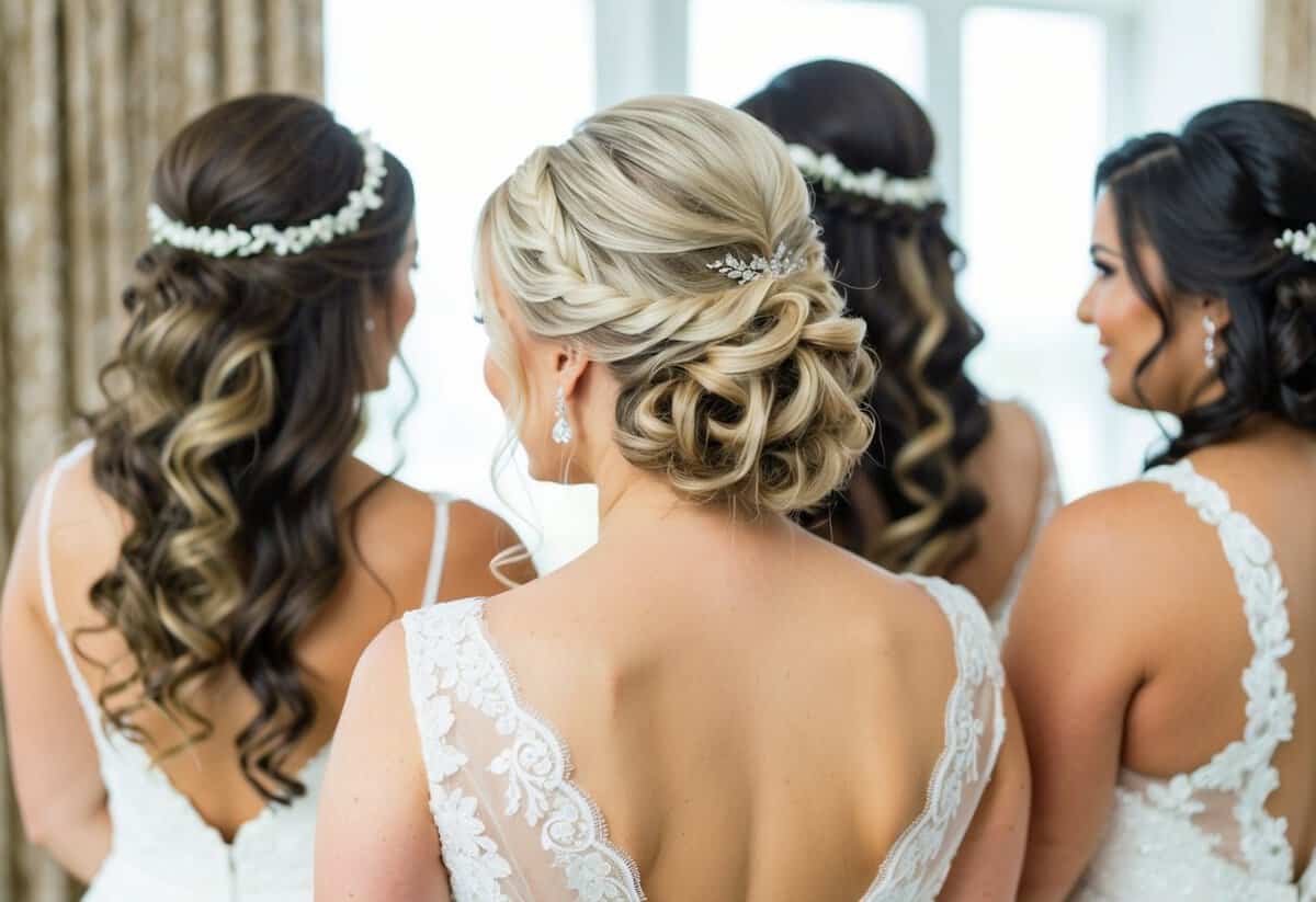 The bride and bridesmaids have different hairstyles, with the bride's hair styled in an elegant updo and the bridesmaids wearing loose curls