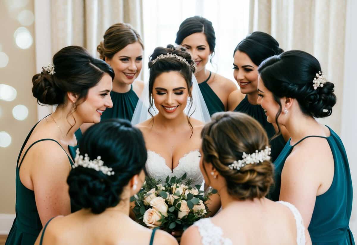 Bridesmaids with varied hairstyles surround a central figure with a distinct bridal hairstyle, each showcasing their own unique styling choices