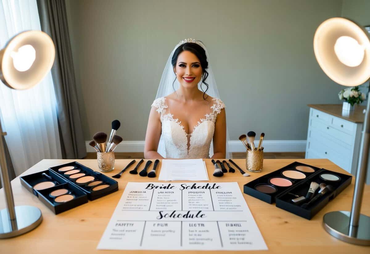 A bride sits in a well-lit room, surrounded by makeup and hairstyling tools. A schedule is laid out before her, with options for getting ready first or last