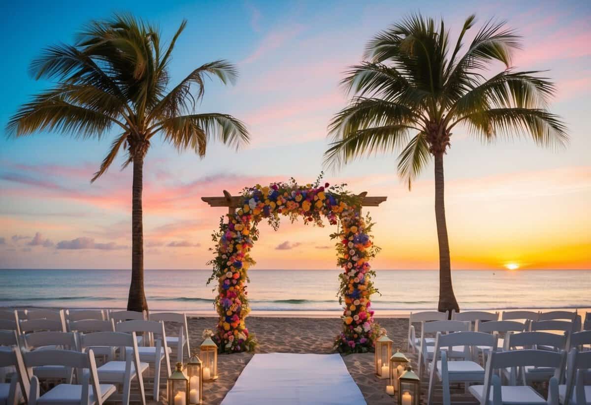 A beach wedding with a vibrant sunset, palm trees, and a colorful floral archway