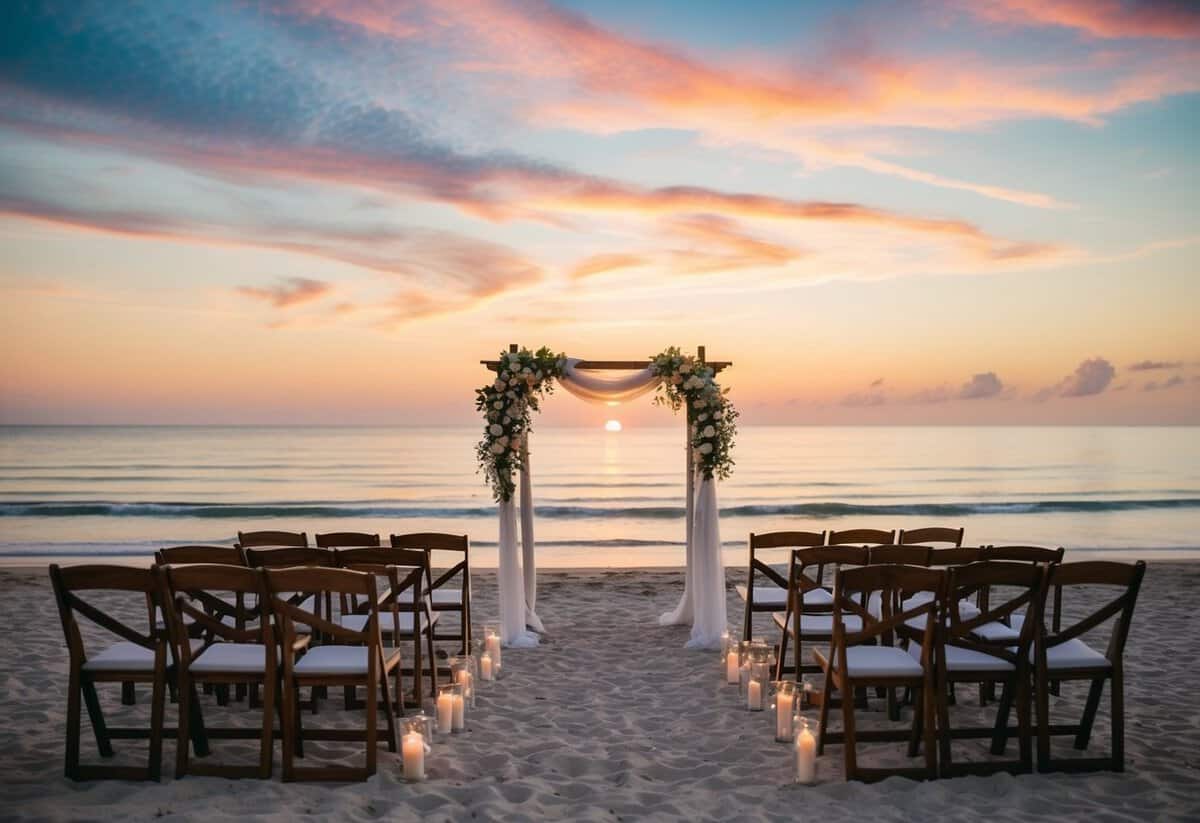 A serene beach with a beautiful sunset, a wedding arch adorned with flowers, and a small gathering of chairs facing the ocean
