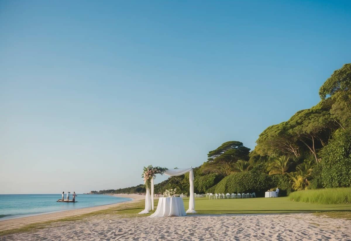 A serene beach with a distant wedding setup, surrounded by lush greenery and a clear blue sky